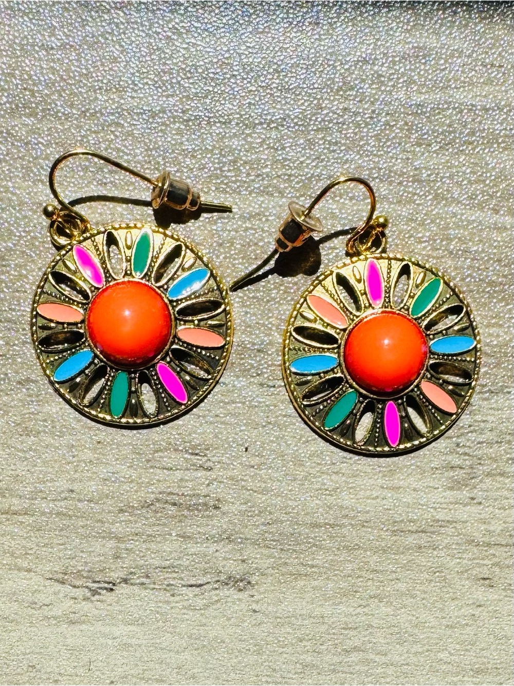 Multicolor Sunburst Drop Earrings with Orange Center 1” diameter